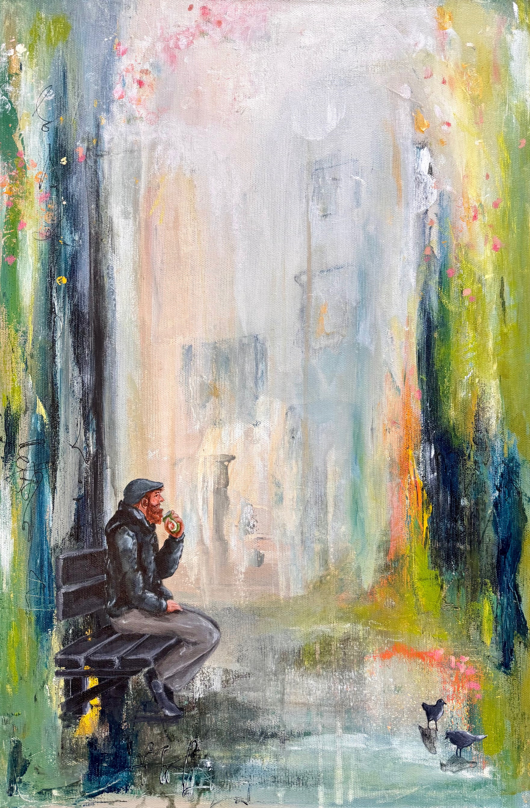  Akryl og mixed media, på lærred, 40 x 60 cm, i sort ramme. 