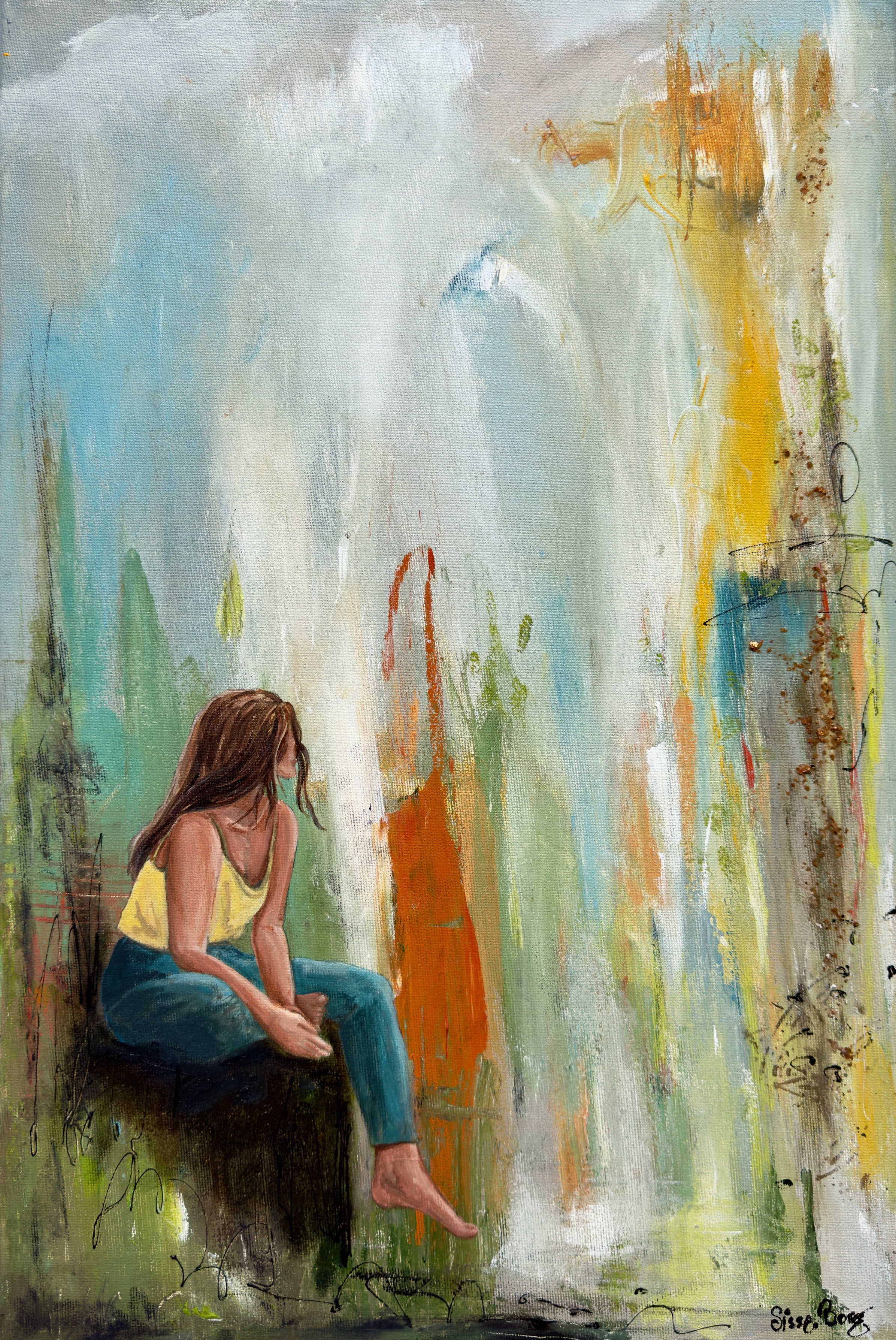  Akryl og mixed media, på lærred, 40 x 60 cm, i sort svæveramme. SOLGT