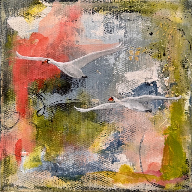  Akryl og tørpastel, 20 x 20 cm, i sort svæveramme.