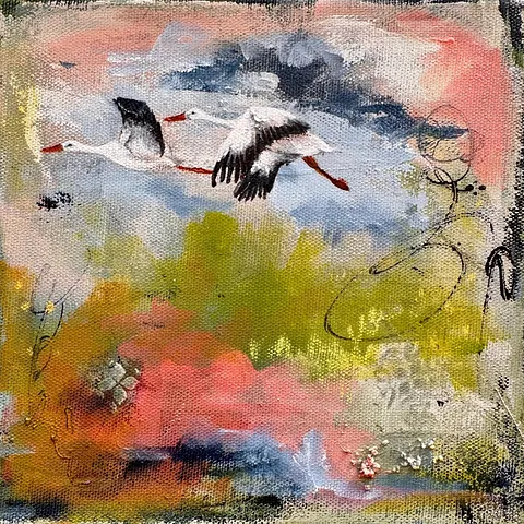  Akryl og tørpastel, 20 x 20 cm, i sort svæveramme.