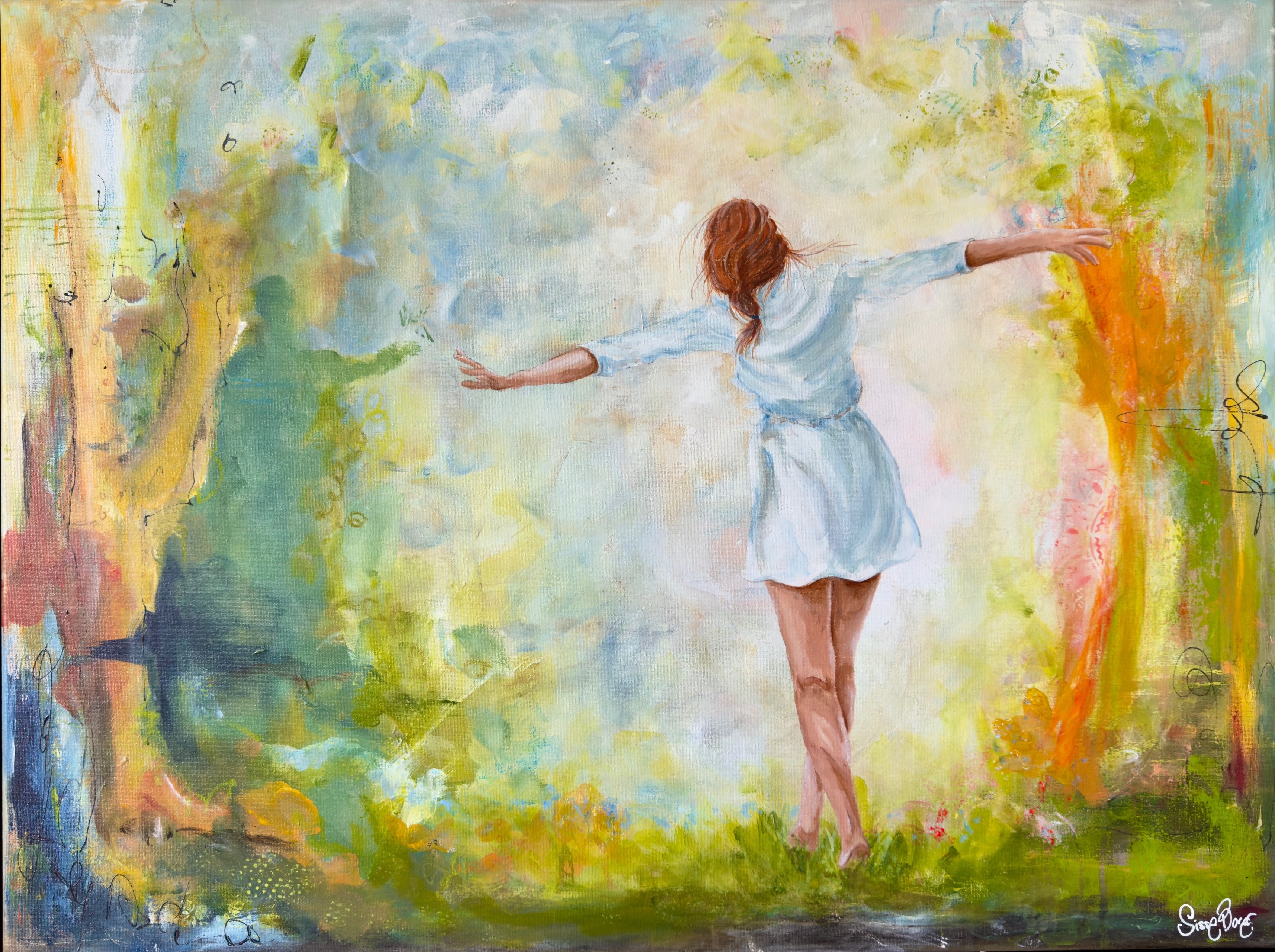  Akryl og mixed media, på lærred, i sort svæveramme. 