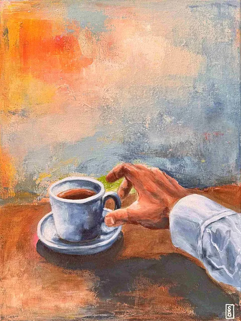 Akryl og tørpastel, 40 x 30 cm, i sort svæveramme.