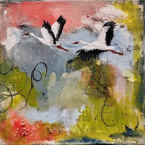 Akryl og tørpastel, 20 x 20 cm, i sort svæveramme.