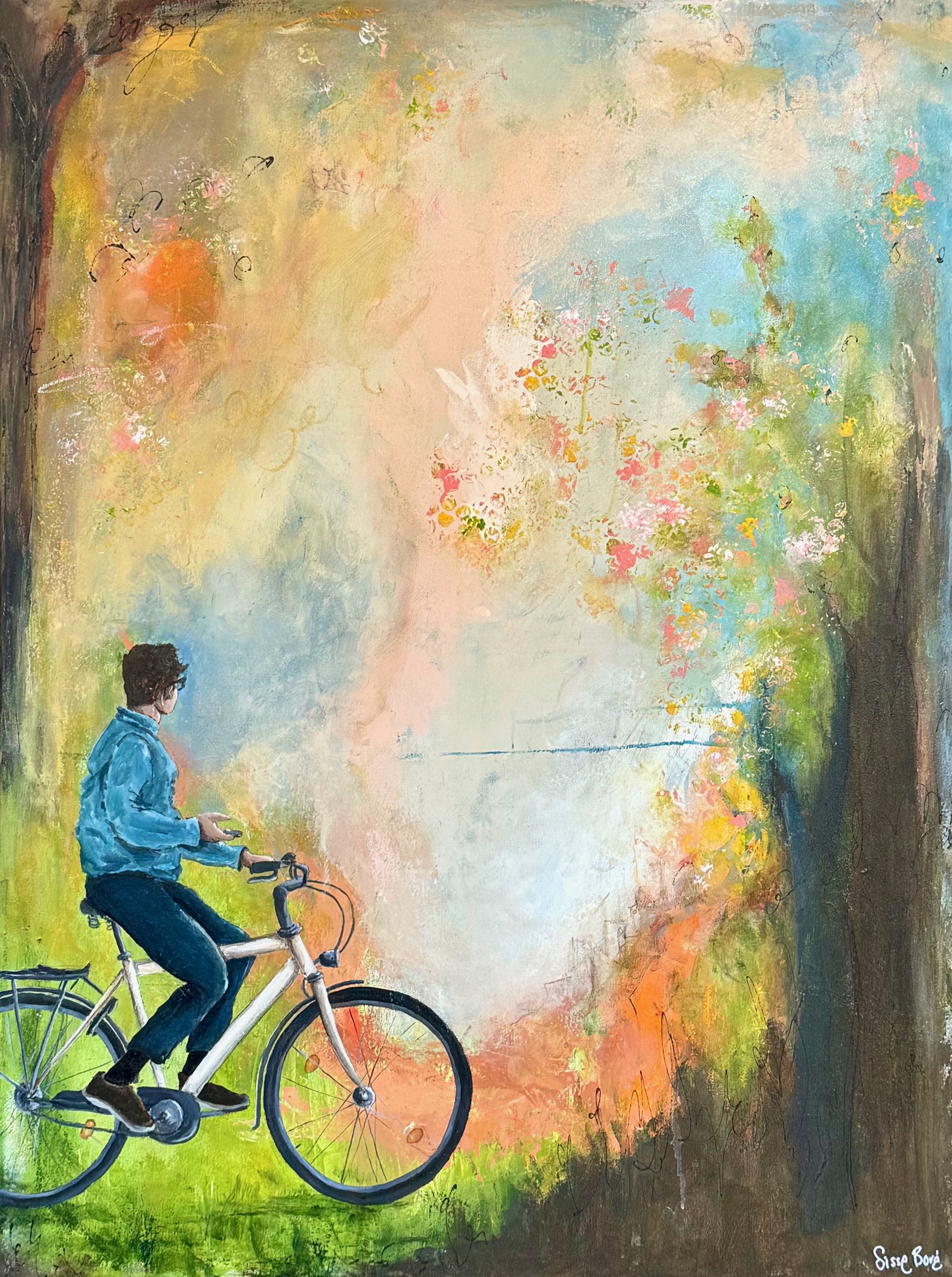  Akryl og mixed media, på lærred, i sort svæveramme. 