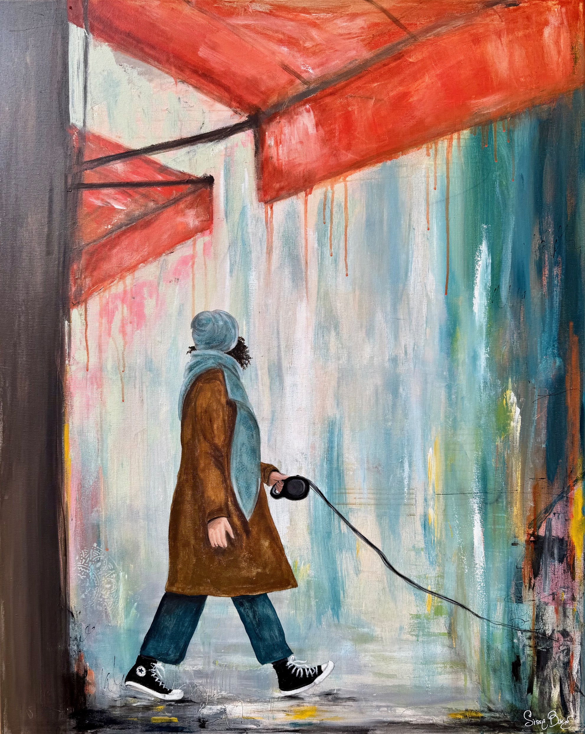 Akryl og mixed media, på lærred, 80 x 100 cm, i sort svæveramme.