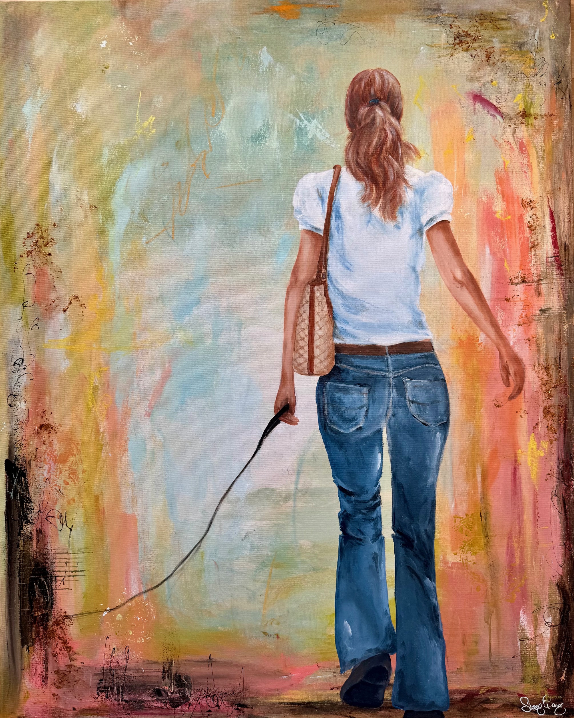  Akryl og mixed media, på lærred, 80 x 100 cm, i sort svæveramme. 