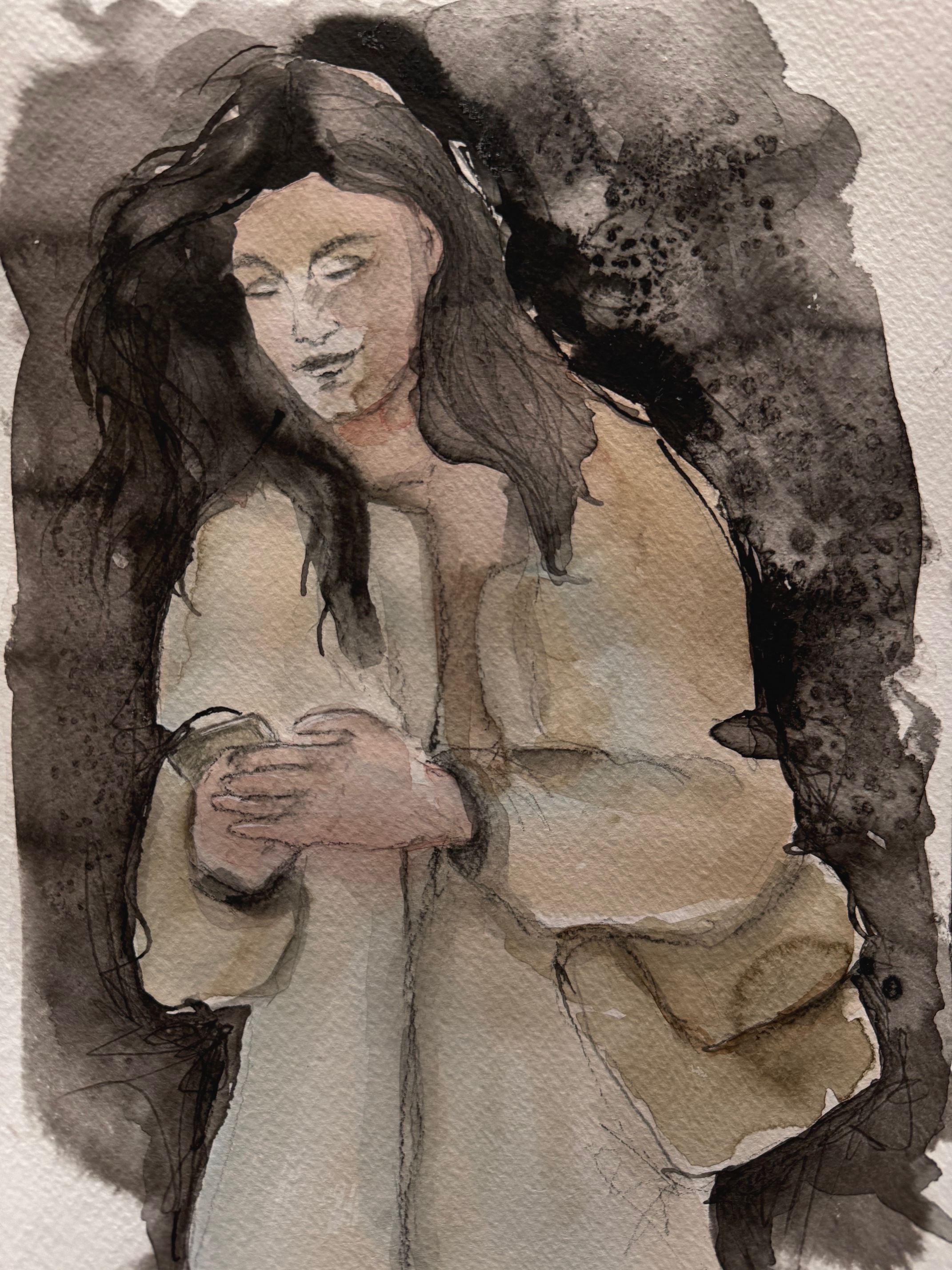  Akvarel og blæk på 400 g papir, i sort ramme.