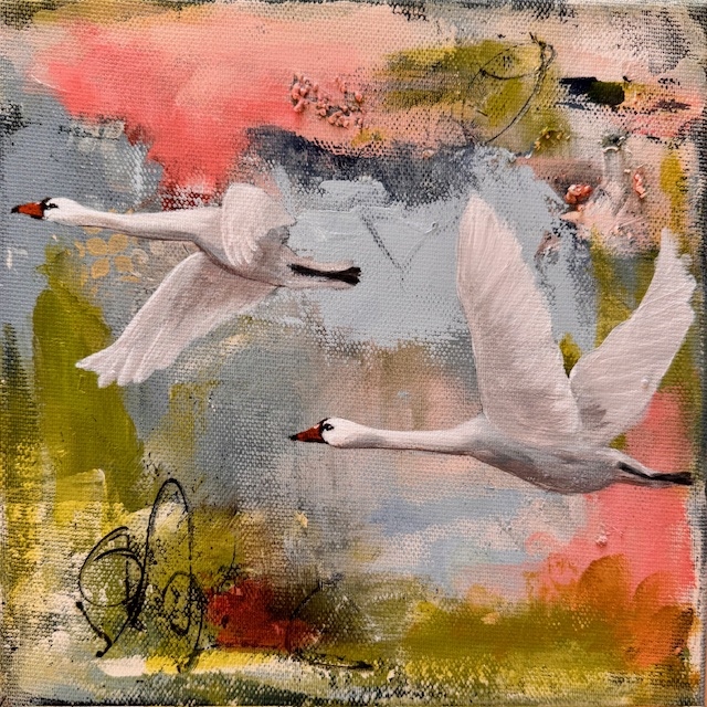 Akryl og tørpastel, 20 x 20 cm, i sort svæveramme.