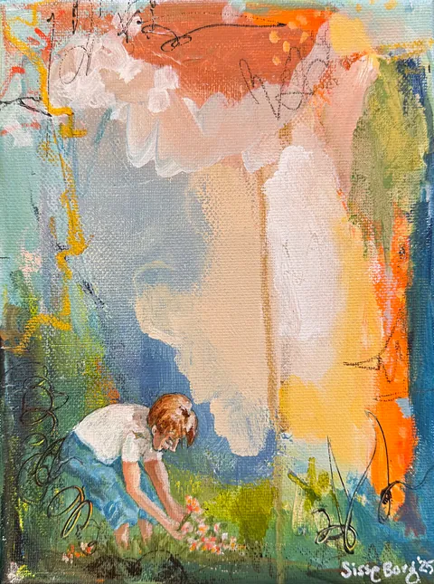  Akryl og mixed media, på lærred, 24 x 30 cm, i sort svæveramme. 