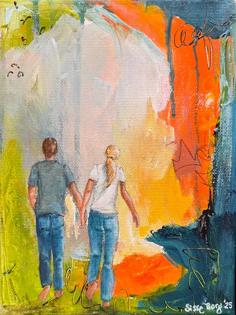 Akryl og mixed media, på lærred, 24 x 30 cm, i sort svæveramme.